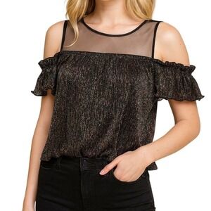 Forever 21 Plus Shimmer‎ Sheer Off Shoulder Mesh Top Size 1X Black Glitter Party